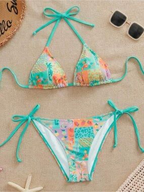 Tie-String Patchwork Print Bikini in Aqua